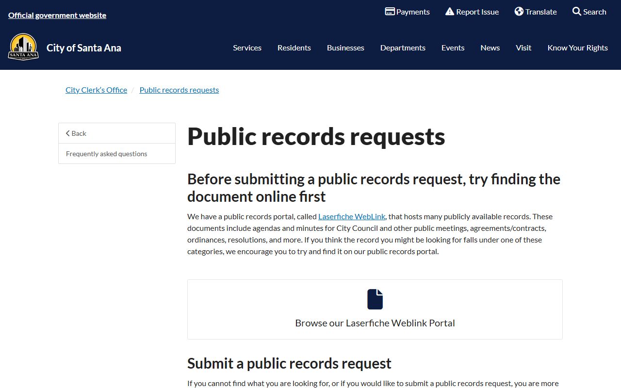 Santa Ana public records request portal