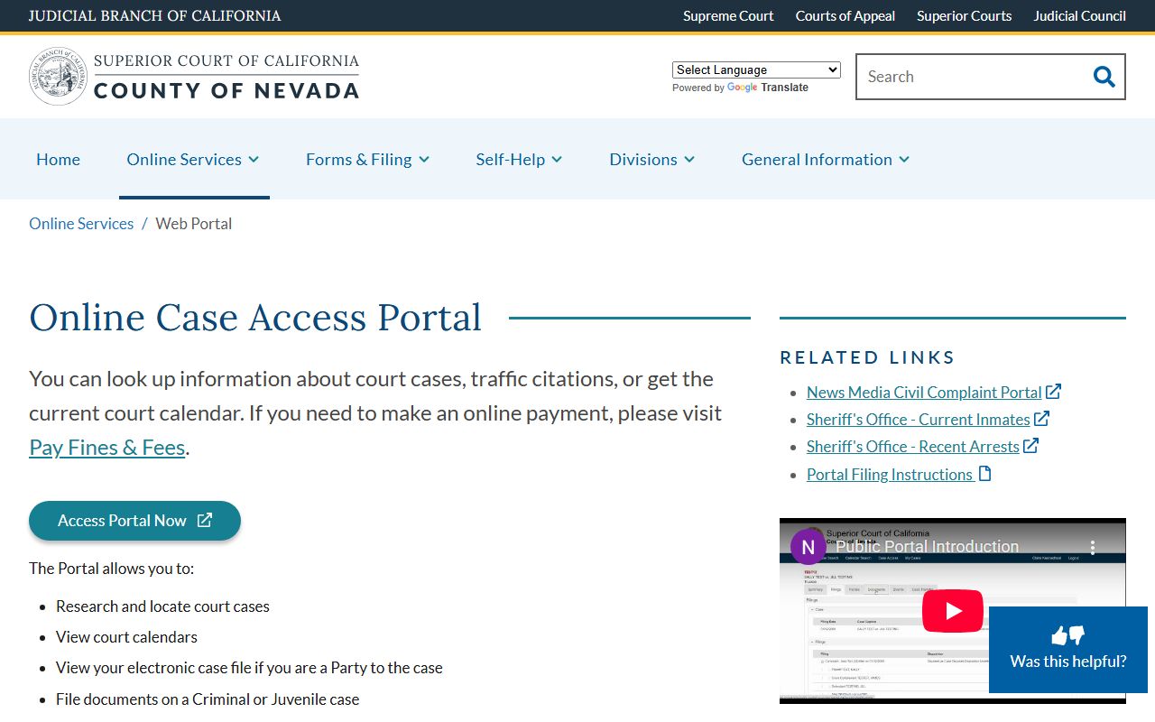 Nevada County Superior Court web portal