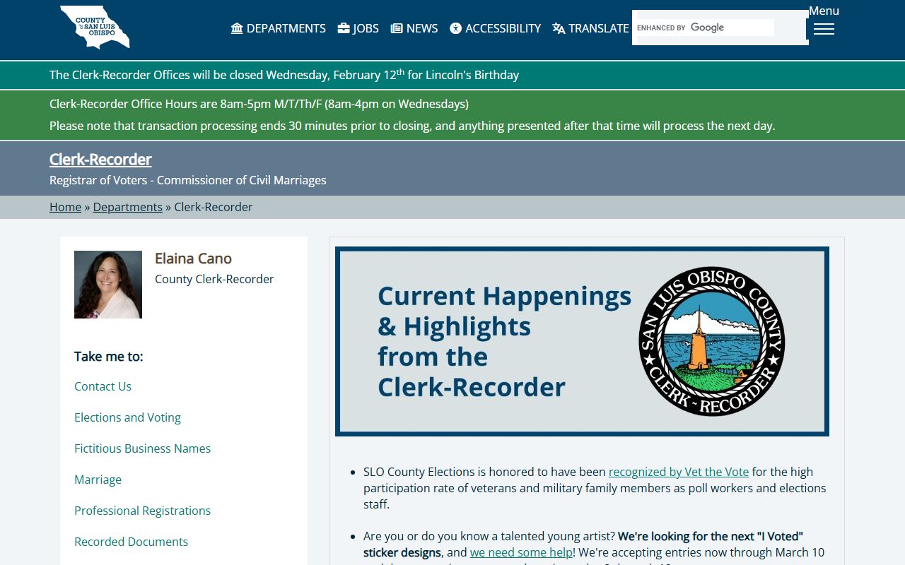 San Luis Obispo County Clerk-Recorder homepage