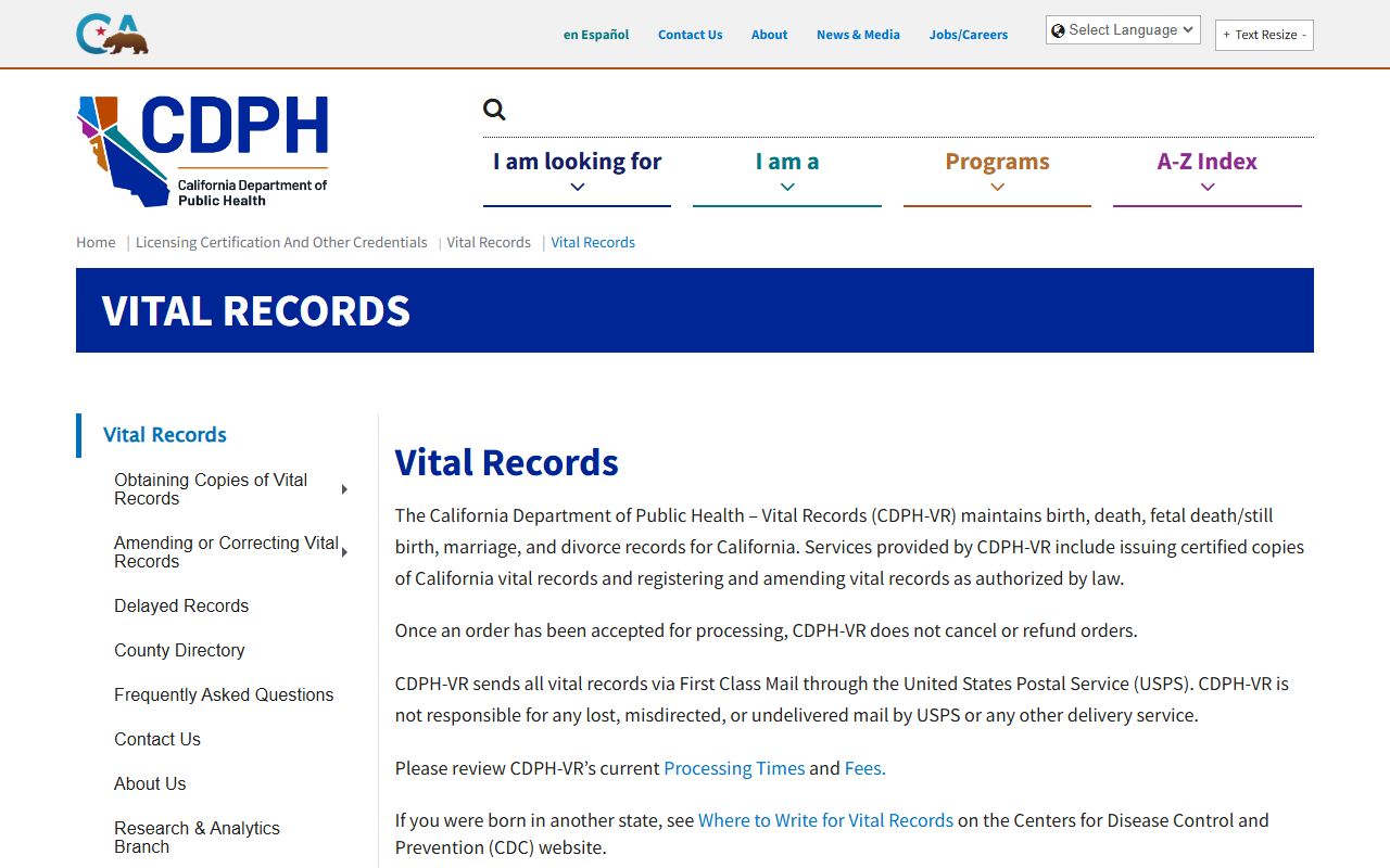 California Department of Public Health vital records portal