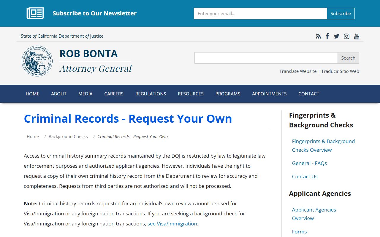 California DOJ criminal record review request page