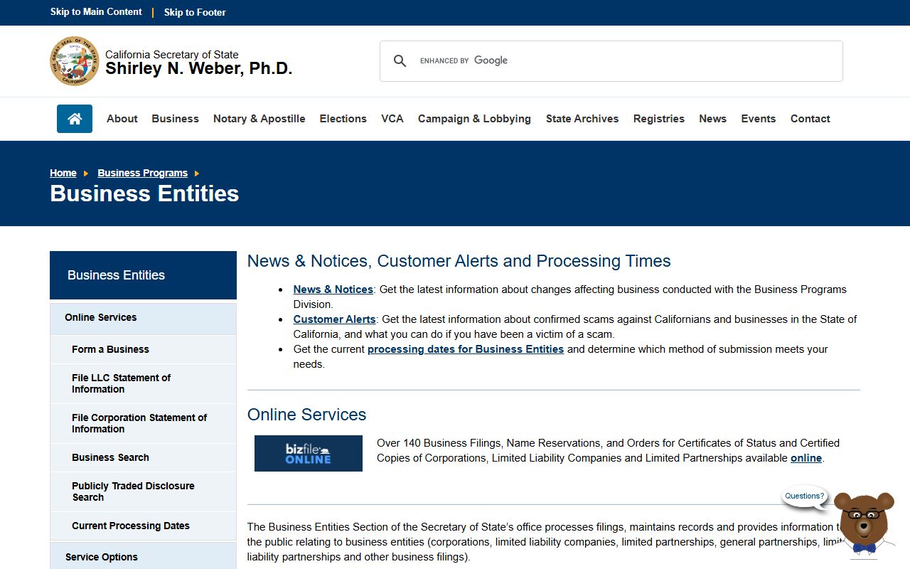 California Secretary of State business entities search portal